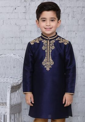 Black Embroidery Silk Kurta For Boys