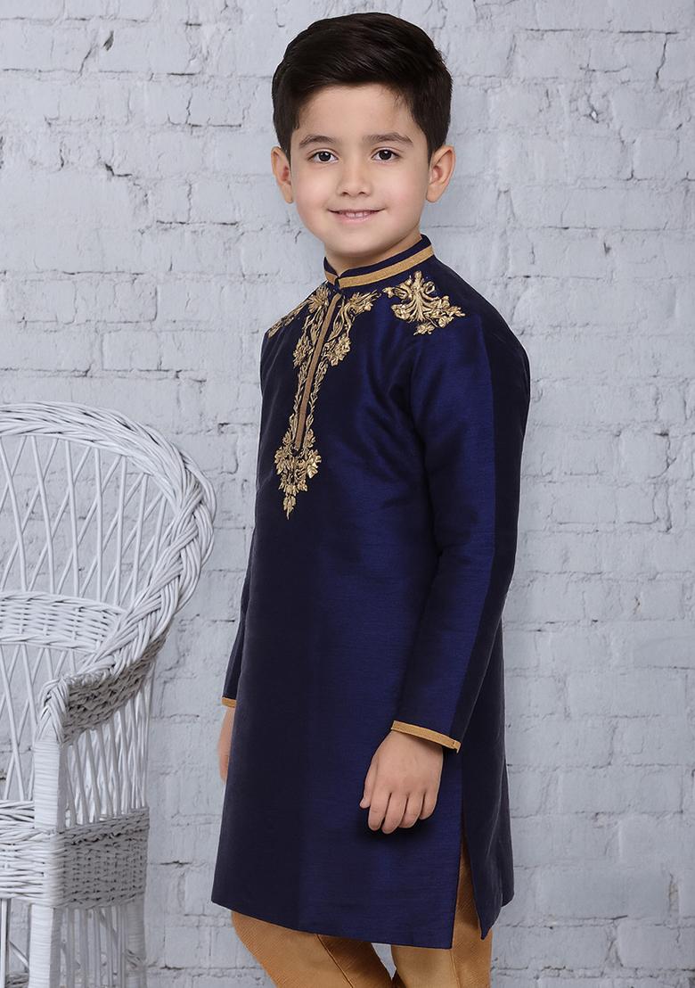 Black Embroidery Silk Kurta For Boys - Indya