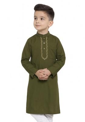 Mehandi Green Embroidery Silk Kurta For Boys