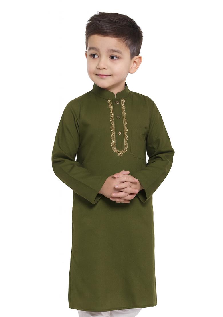 Mehandi Green Embroidery Silk Kurta For Boys - Indya