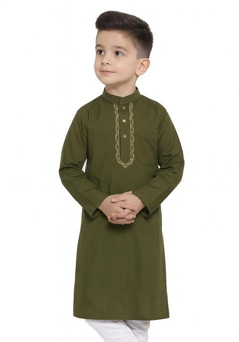 Mehandi Green Embroidery Silk Kurta For Boys