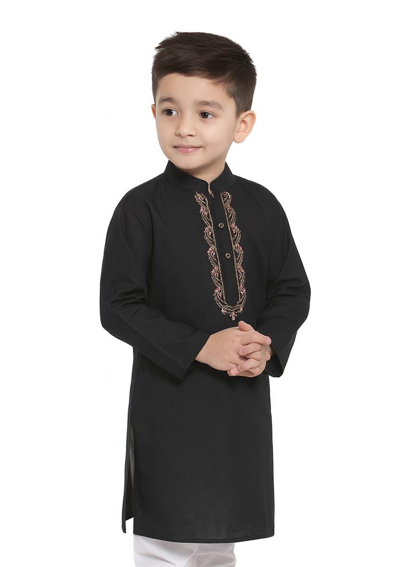 Black Embroidery Silk Kurta For Boys - Indya