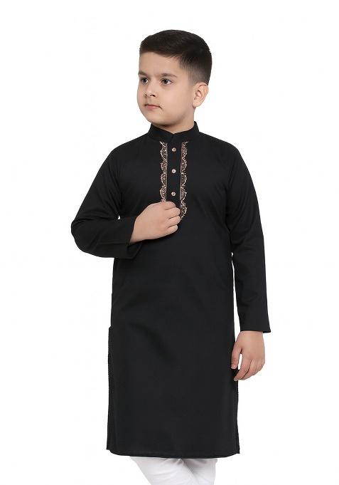 Black Embroidery Silk Kurta For Boys