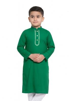 Green Embroidery Silk Kurta For Boys