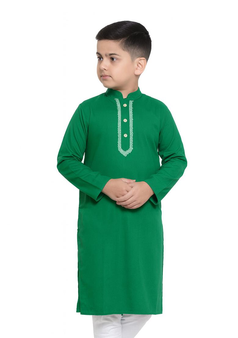 Green Embroidery Silk Kurta For Boys - Indya