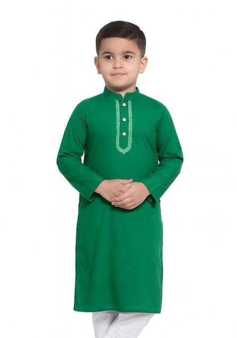 Green Embroidery Silk Kurta For Boys