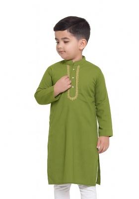 Parrot Green Embroidery Silk Kurta For Boys
