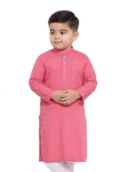 Pink Embroidery Silk Kurta For Boys