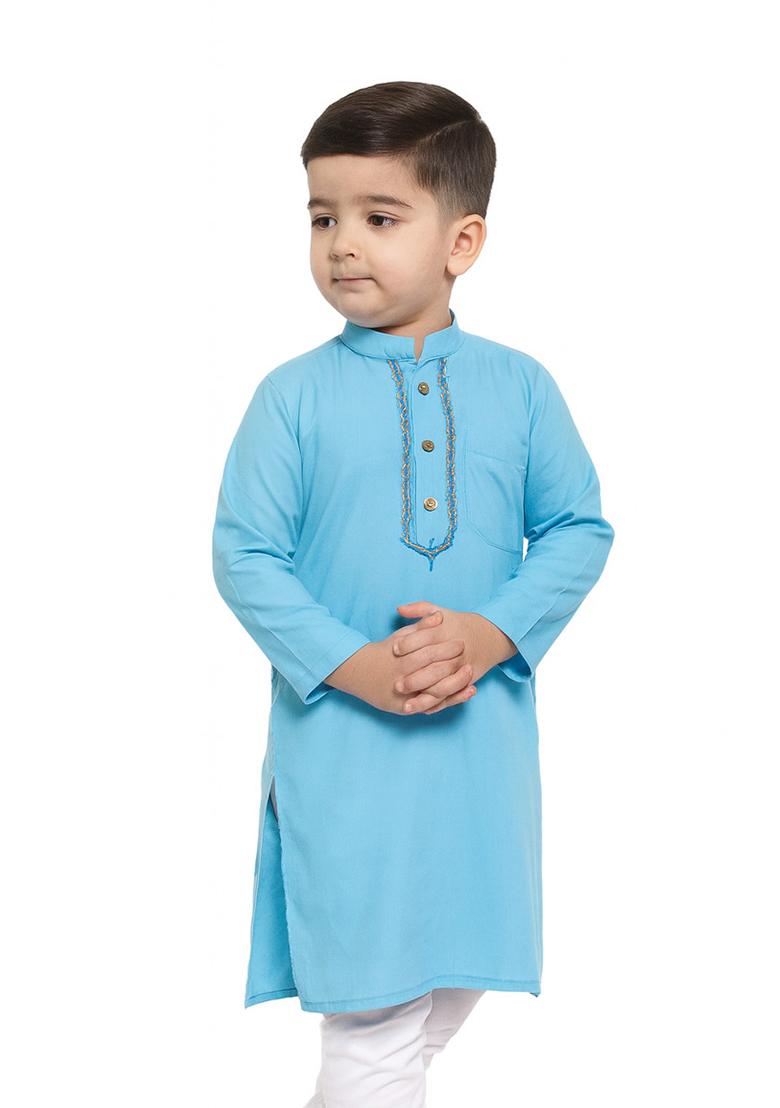 Aqua Blue Embroidery Silk Kurta For Boys - Indya