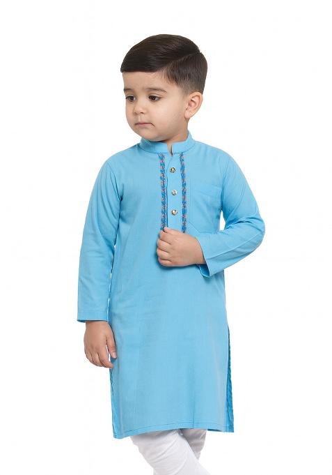 Aqua Blue Embroidery Silk Kurta For Boys