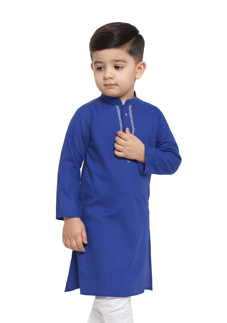Royal Blue Embroidery Silk Kurta For Boys - Indya