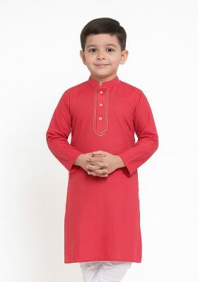 Rose Pink Embroidery Silk Kurta For Boys