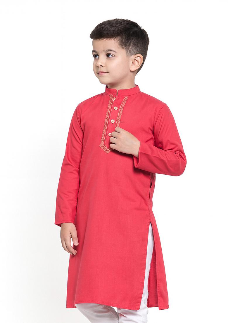 Rose Pink Embroidery Silk Kurta For Boys - Indya