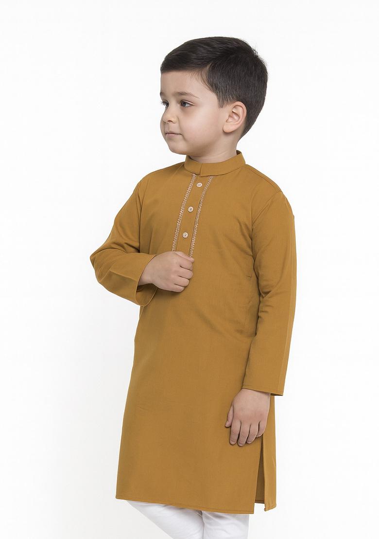 Mustard Embroidery Silk Kurta For Boys - Indya