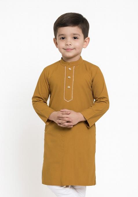 Mustard Embroidery Silk Kurta For Boys