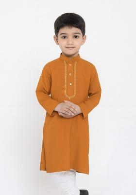 Orange Embroidery Silk Kurta For Boys