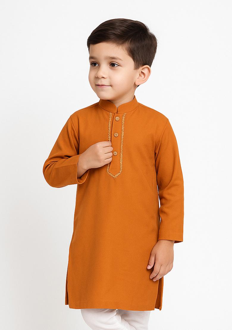 Orange Embroidery Silk Kurta For Boys - Indya