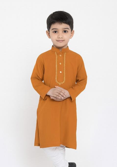 Orange Embroidery Silk Kurta For Boys