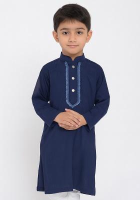 Navy Blue Embroidery Silk Kurta For Boys