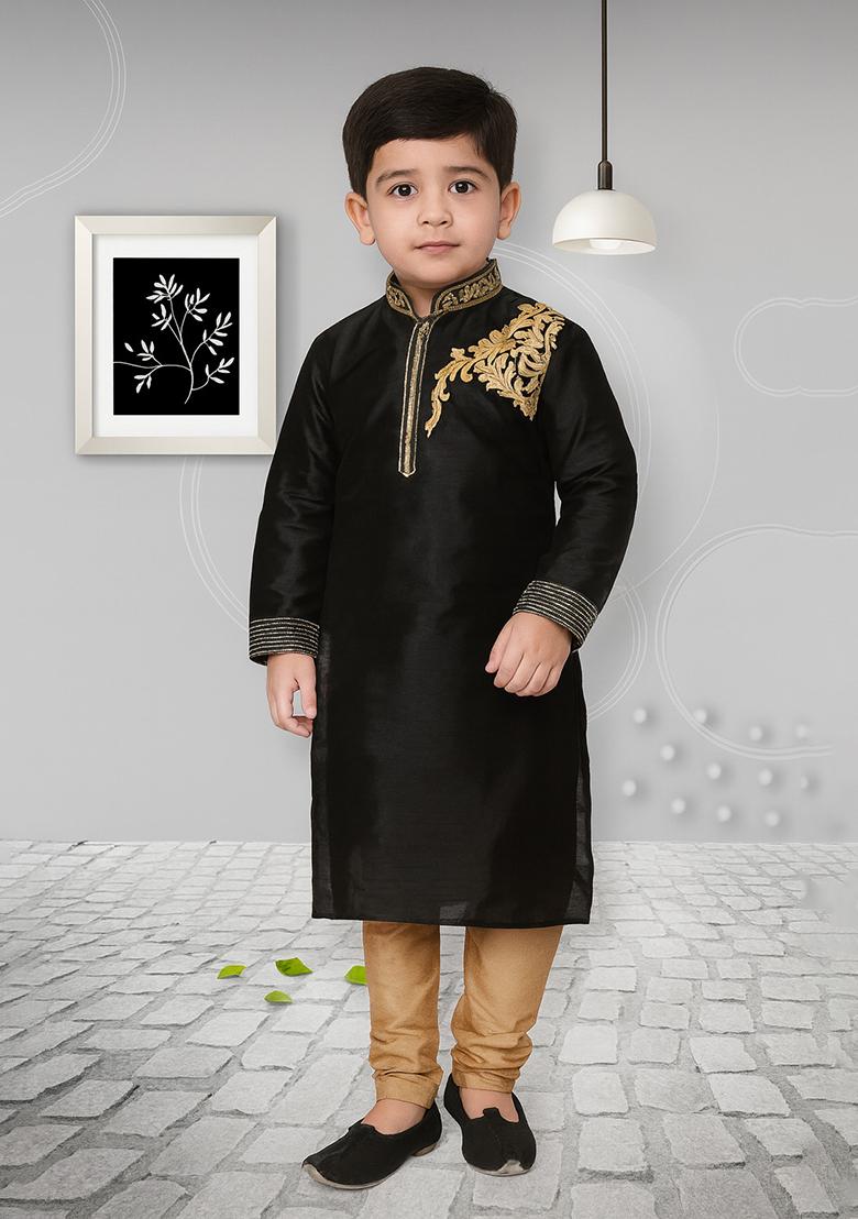 Black Embroidery Silk Kurta With Bottom For Boys - Indya