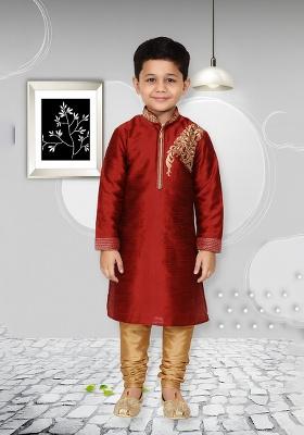 Maroon Embroidery Silk Kurta With Bottom For Boys