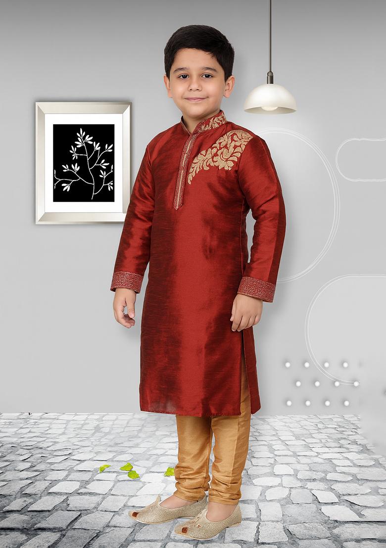 Maroon Embroidery Silk Kurta With Bottom For Boys - Indya