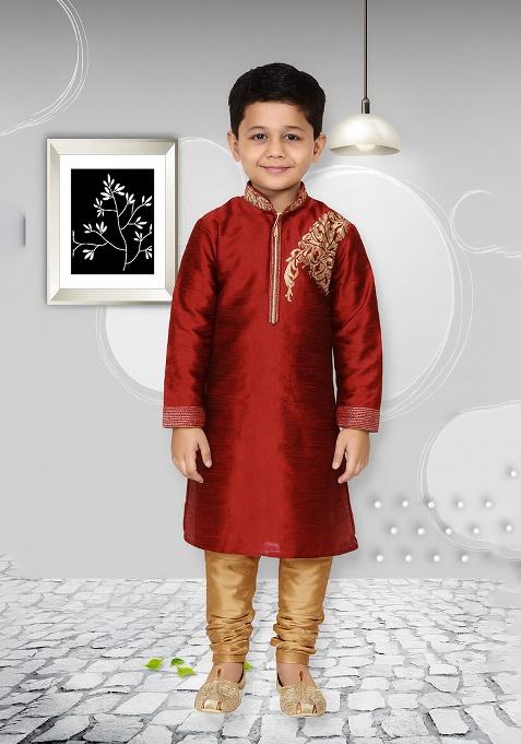 Maroon Embroidery Silk Kurta With Bottom For Boys