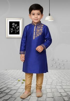 Royal Blue Embroidery Silk Kurta With Bottom For Boys