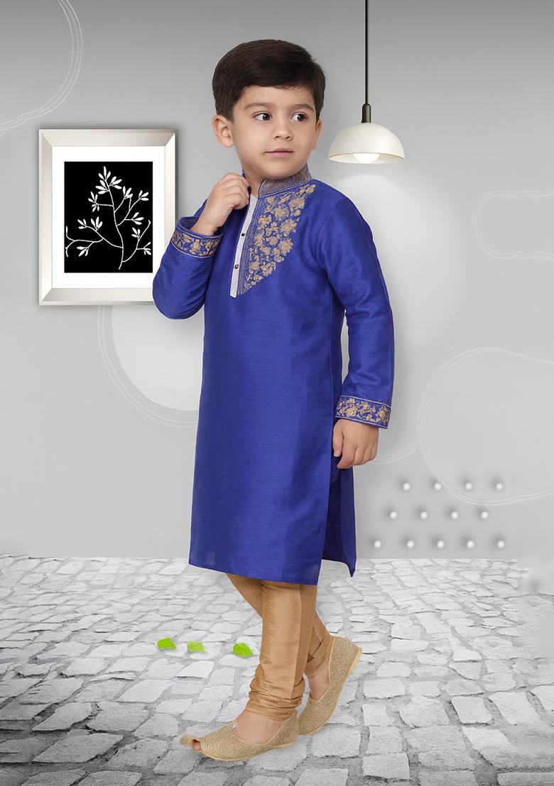 Royal Blue Embroidery Silk Kurta With Bottom For Boys - Indya
