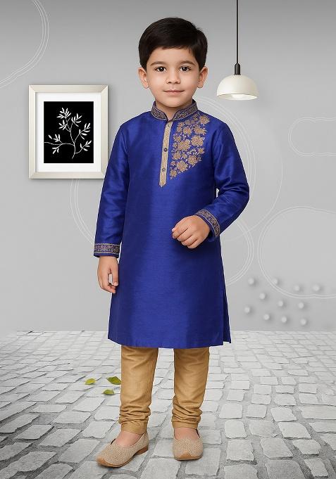 Royal Blue Embroidery Silk Kurta With Bottom For Boys