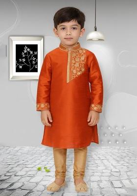 Rust Orange Embroidery Silk Kurta With Bottom For Boys
