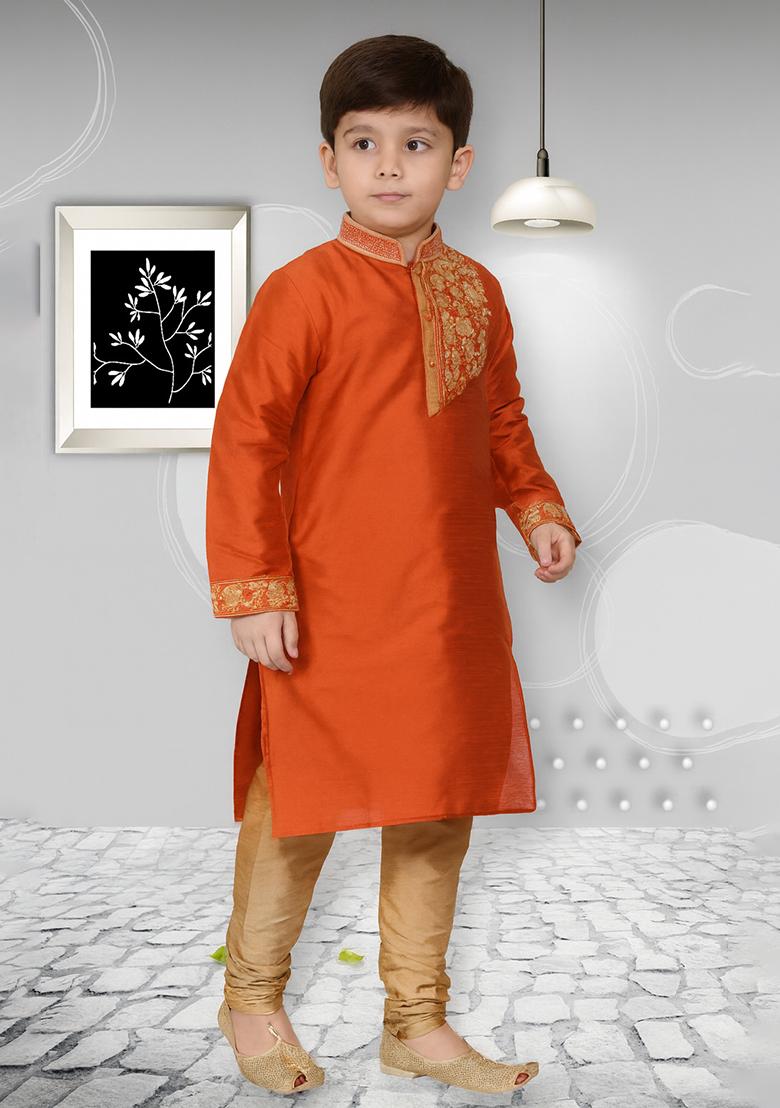 Rust Orange Embroidery Silk Kurta With Bottom For Boys - Indya