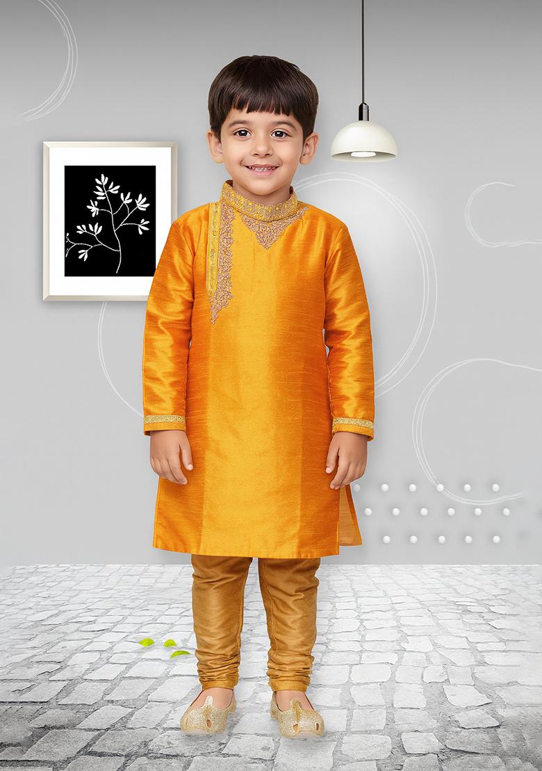 Yellow Embroidery Silk Kurta With Bottom For Boys - Indya