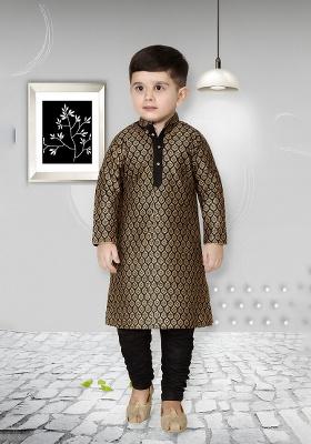 Black Printed Silk Kurta With Bottom For Boys