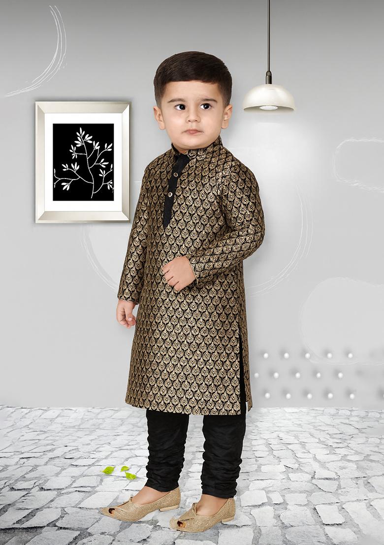 Black Printed Silk Kurta With Bottom For Boys - Indya