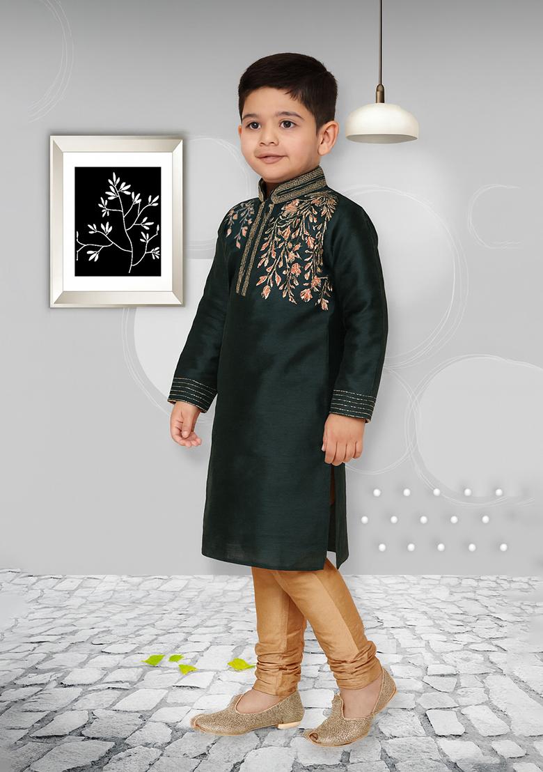 Bottle Green Embroidery Silk Kurta With Bottom For Boys - Indya