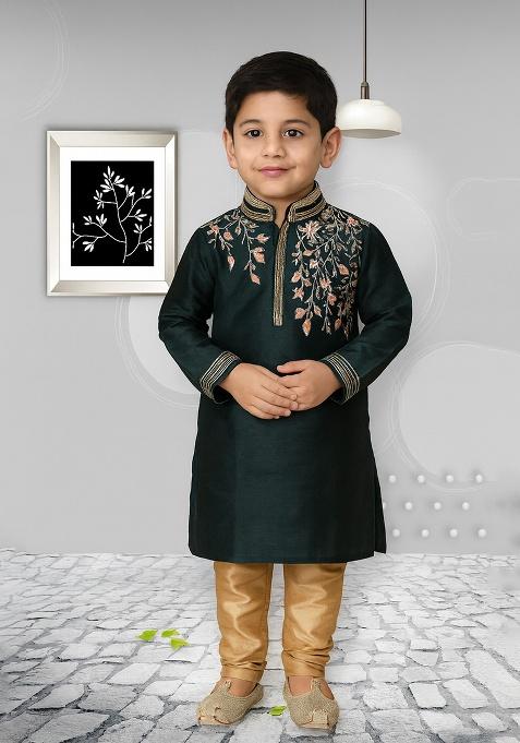 Bottle Green Embroidery Silk Kurta With Bottom For Boys