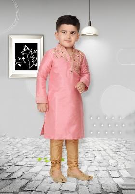 Pink Embroidery Silk Kurta With Bottom For Boys