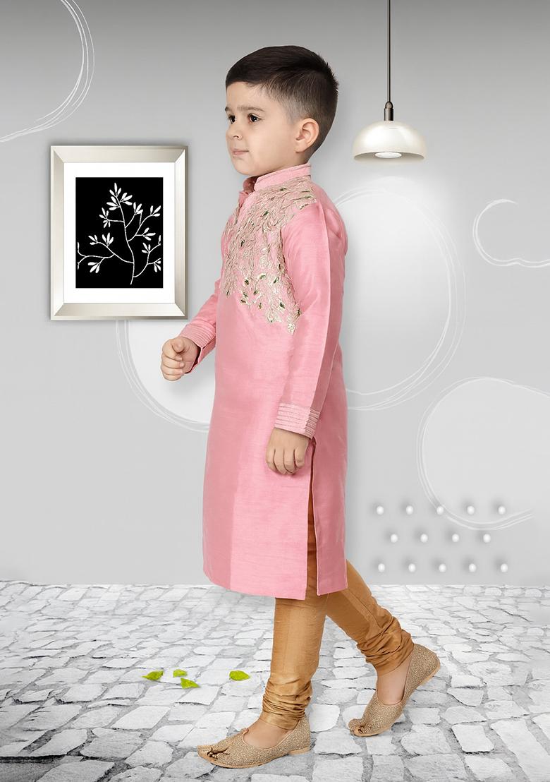 Pink Embroidery Silk Kurta With Bottom For Boys - Indya