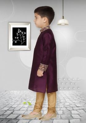 Purple Embroidery Silk Kurta With Bottom For Boys