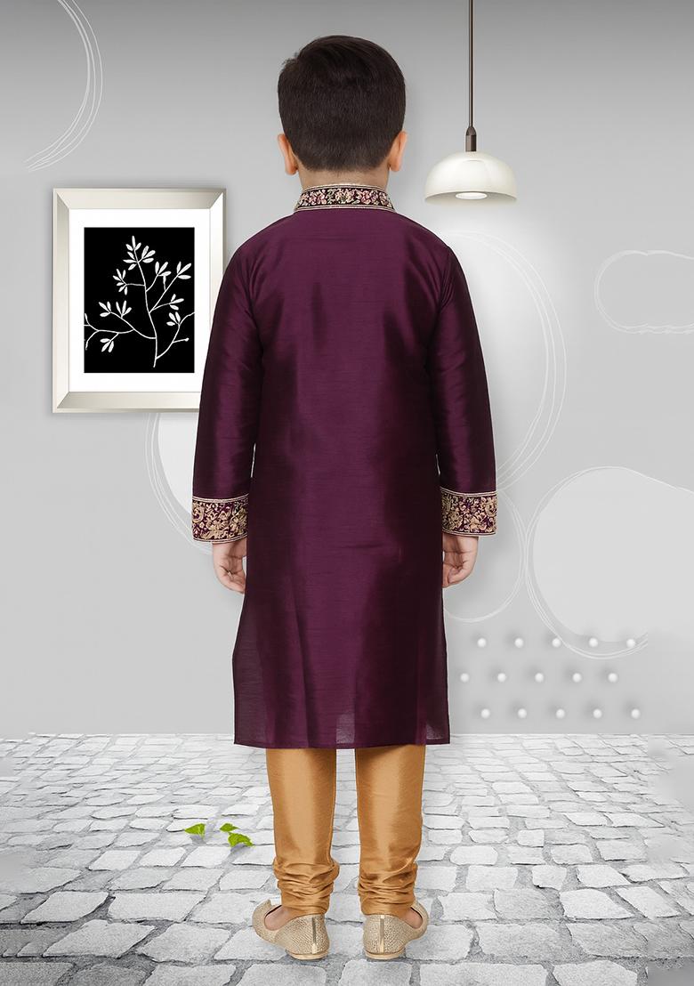 Purple Embroidery Silk Kurta With Bottom For Boys - Indya