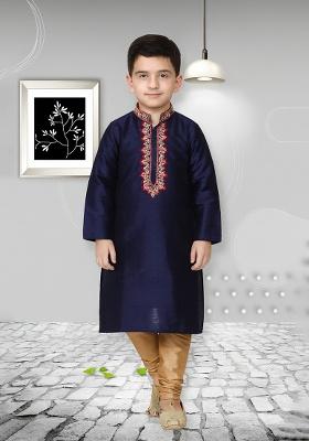 Navy Blue Embroidery Silk Kurta With Bottom For Boys