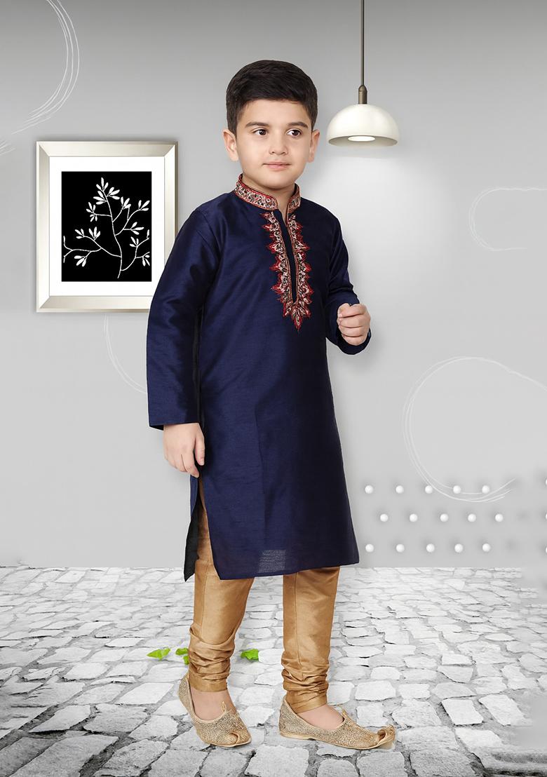 Navy Blue Embroidery Silk Kurta With Bottom For Boys - Indya