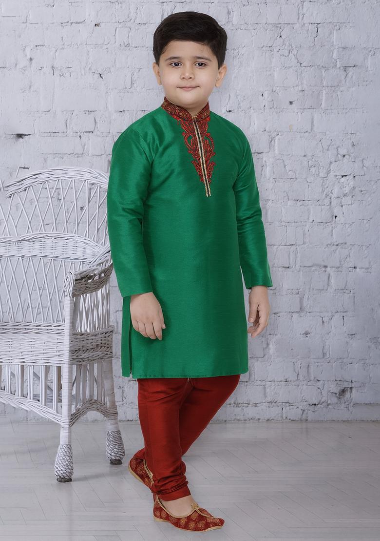 Green Embroidery Silk Kurta With Bottom For Boys - Indya