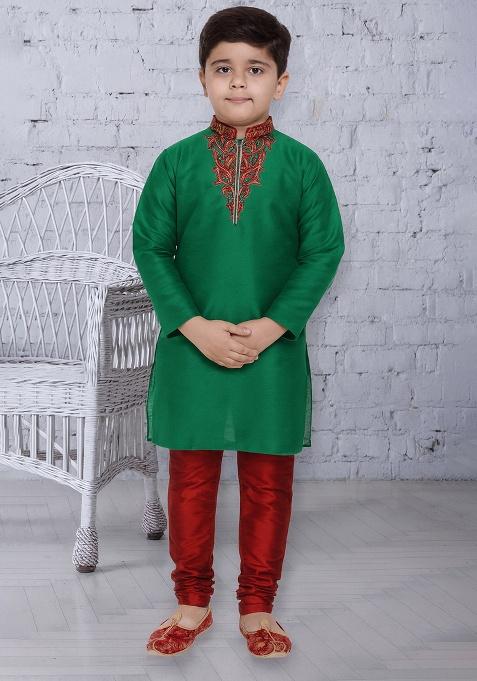 Green Embroidery Silk Kurta With Bottom For Boys