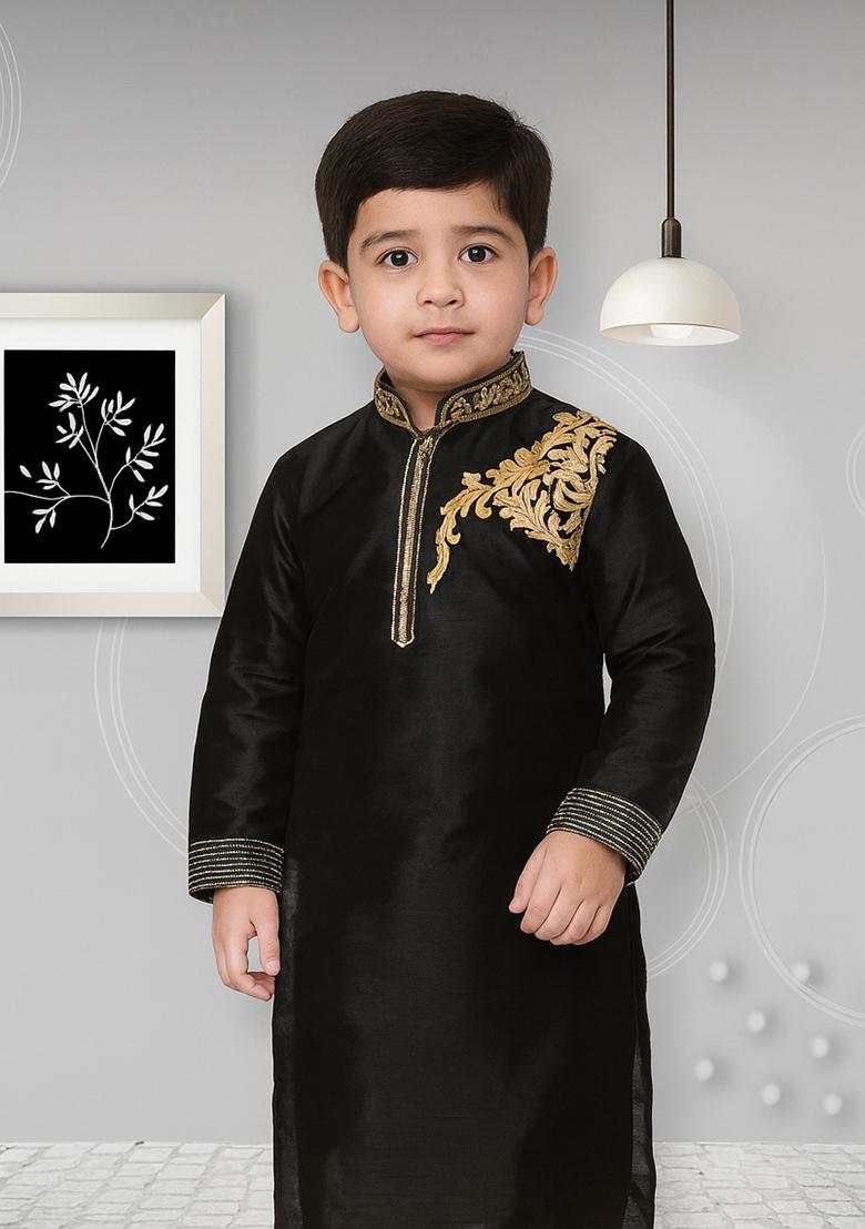 Black Embroidery Silk Kurta For Boys - Indya