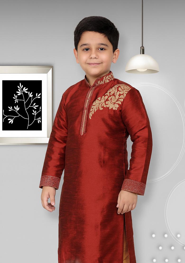 Maroon Embroidery Silk Kurta For Boys - Indya