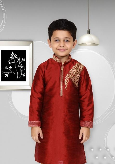 Maroon Embroidery Silk Kurta For Boys