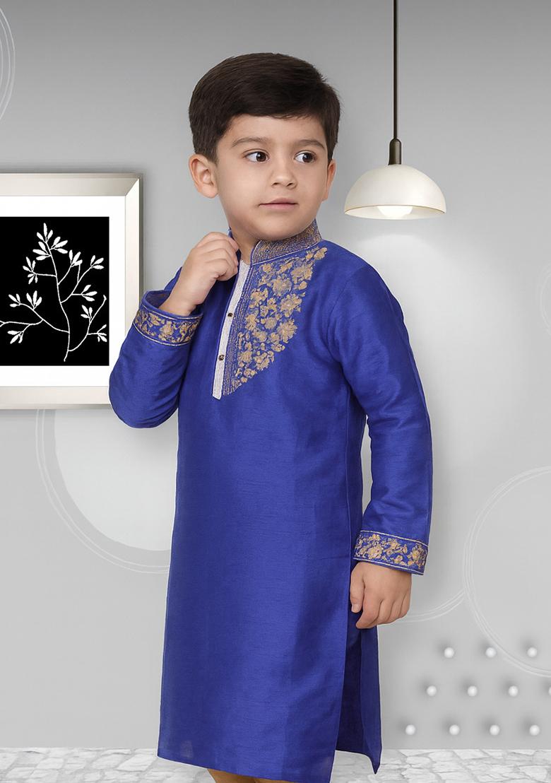 Royal Blue Embroidery Silk Kurta For Boys - Indya