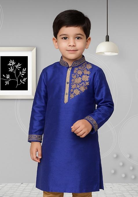 Royal Blue Embroidery Silk Kurta For Boys
